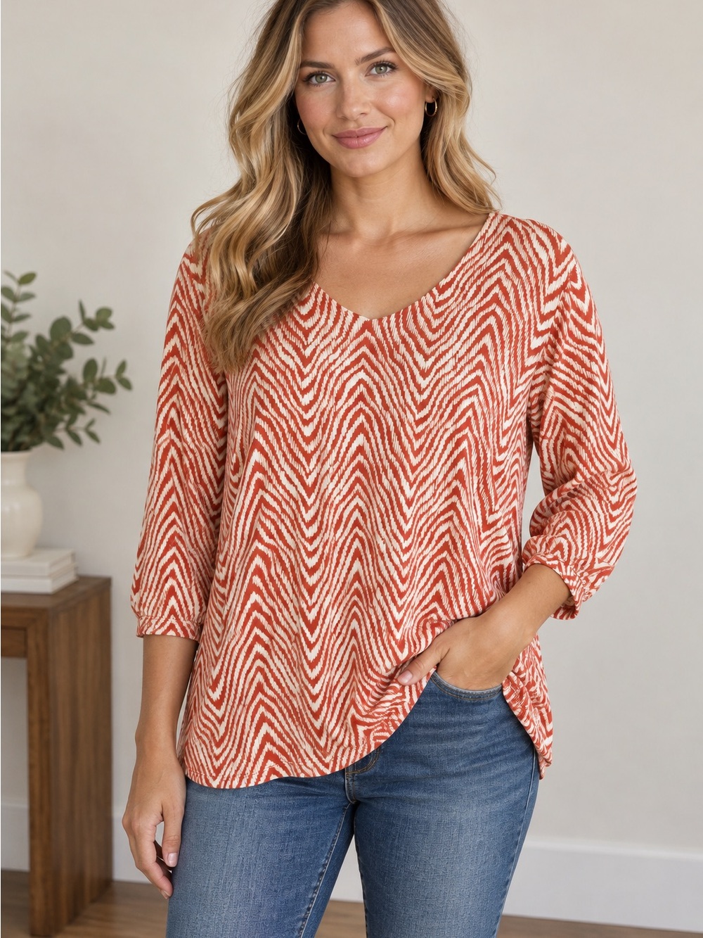 Chico’s Size 3 XL Women’s Coral Ivory Chevron Print 3/4 Sleeve Tunic Top